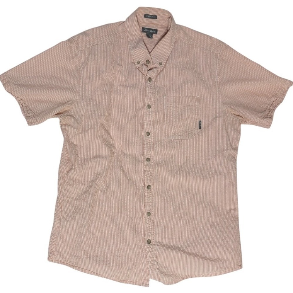 Eddie Bauer Shirt Men Classic Fit Seersucker Short Sleeve Sporty Coral Stripe TL